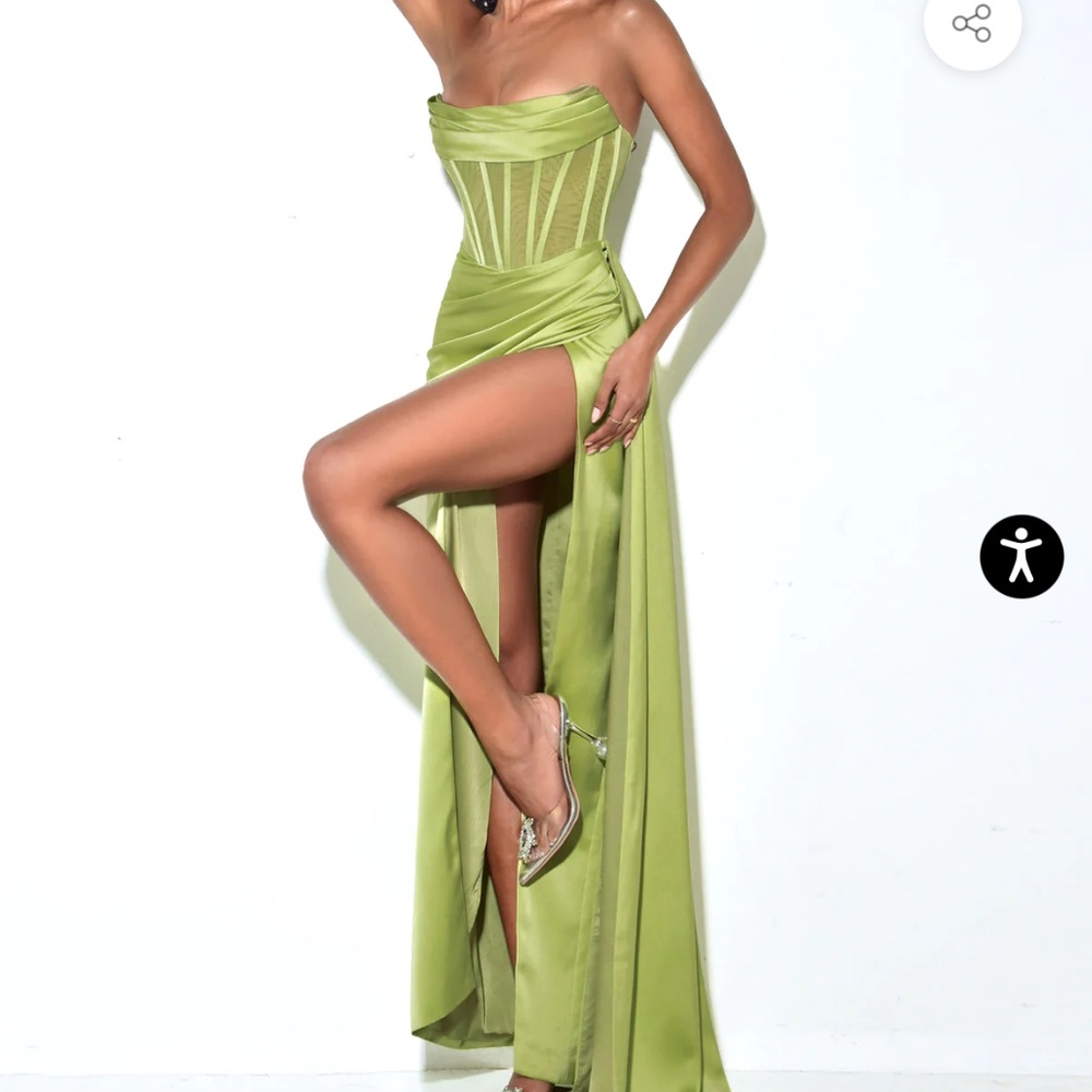Prisa Lime High Slit Satin Corset Gown